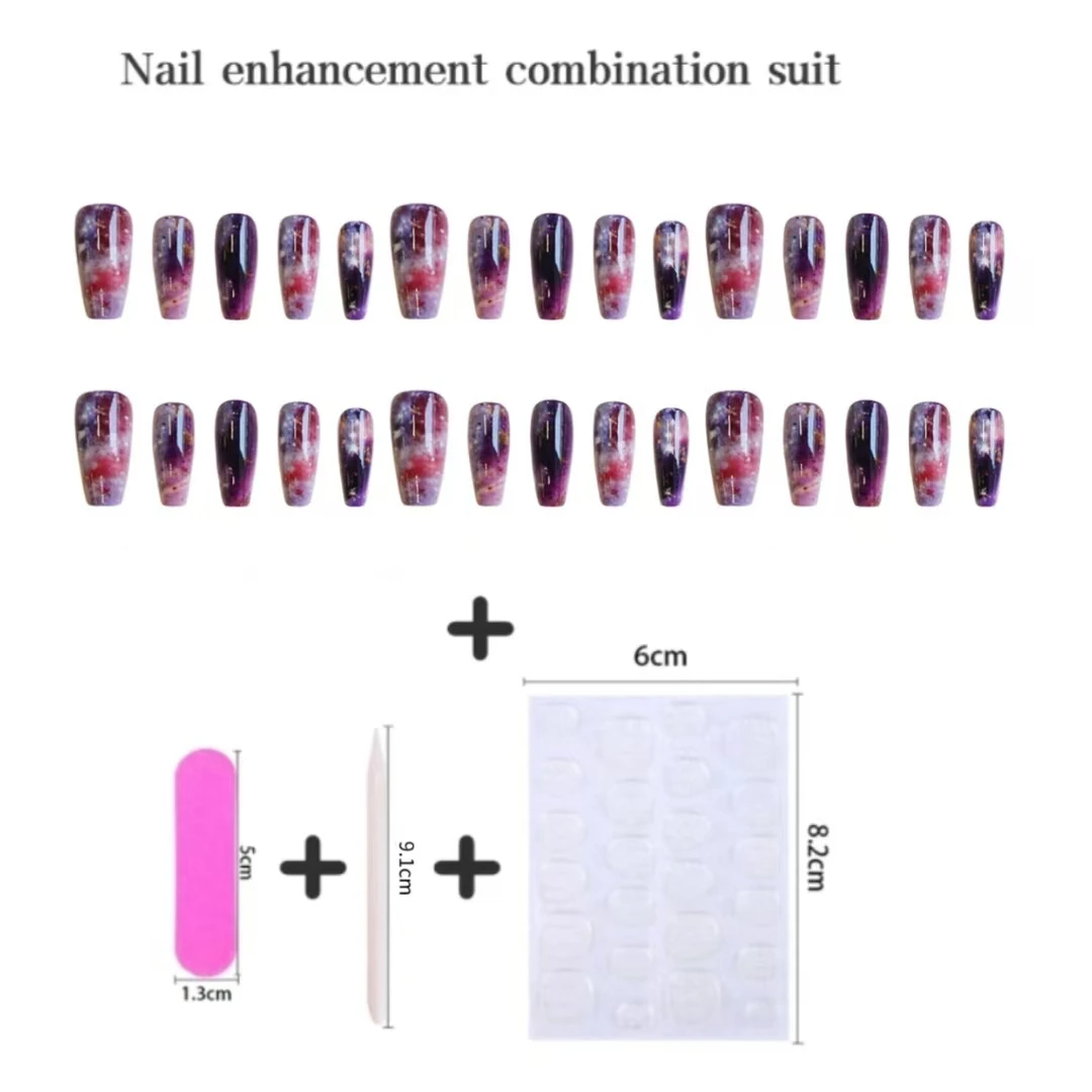24 unids/set Y2K uñas postizas cortas de ballet medio puntas de uñas cuadradas Dreamy Violet Universe diseño de cielo estrellado prensa en uñas postizas arte