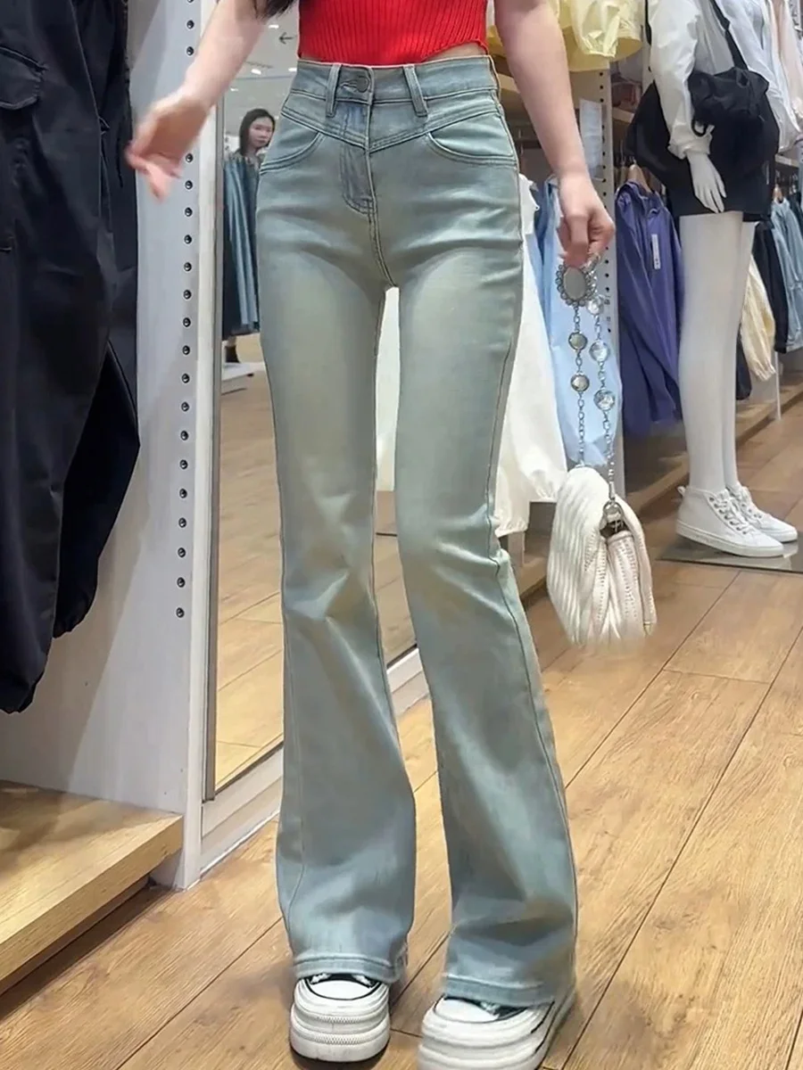 

Джинсы женские с высокой талией, расклешенные, прямые, стрейч, из хлопка, синие, весна-осень, с высокой эластичностью