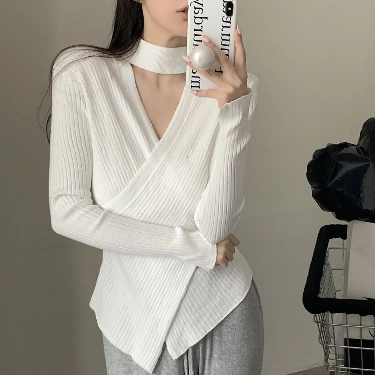 

Autumn Cashmere Sweater Women's Pullover V-neck Knitted Top Long Sleeve Hollow Out Sweaters T62