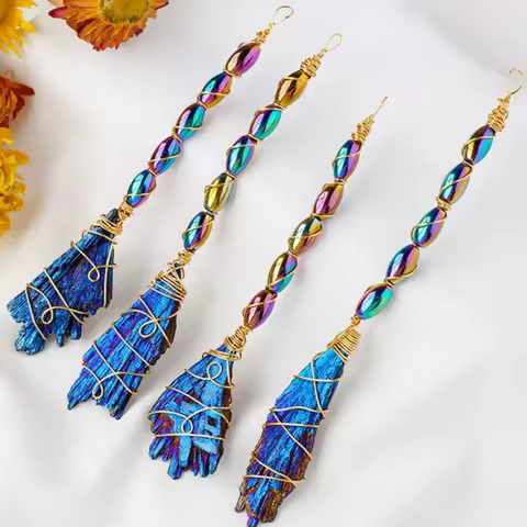 Color Plated Natural Tourmaline Magic Broom Crafts Wicca Energy Mineral Quartz Witchcraft Ornament Halloween Decor Children Gift