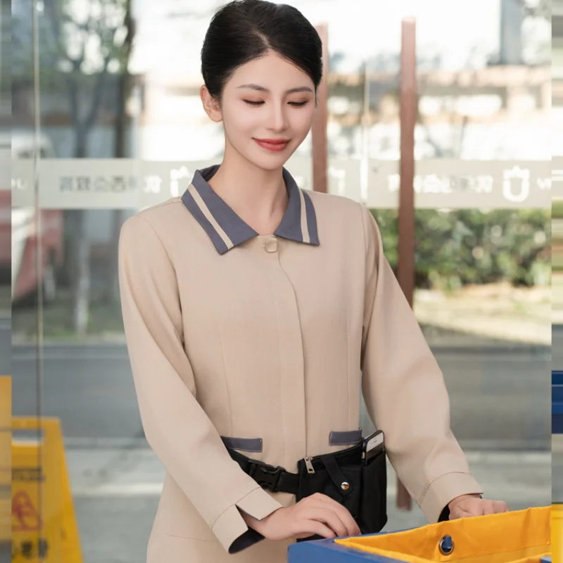 

Оптовая продажа: Рабочая одежда для уборщиков с отложным воротником, длинным рукавом, для осенне-зимнего сезона, для гостиниц и уборки помещений, униформа для горничных