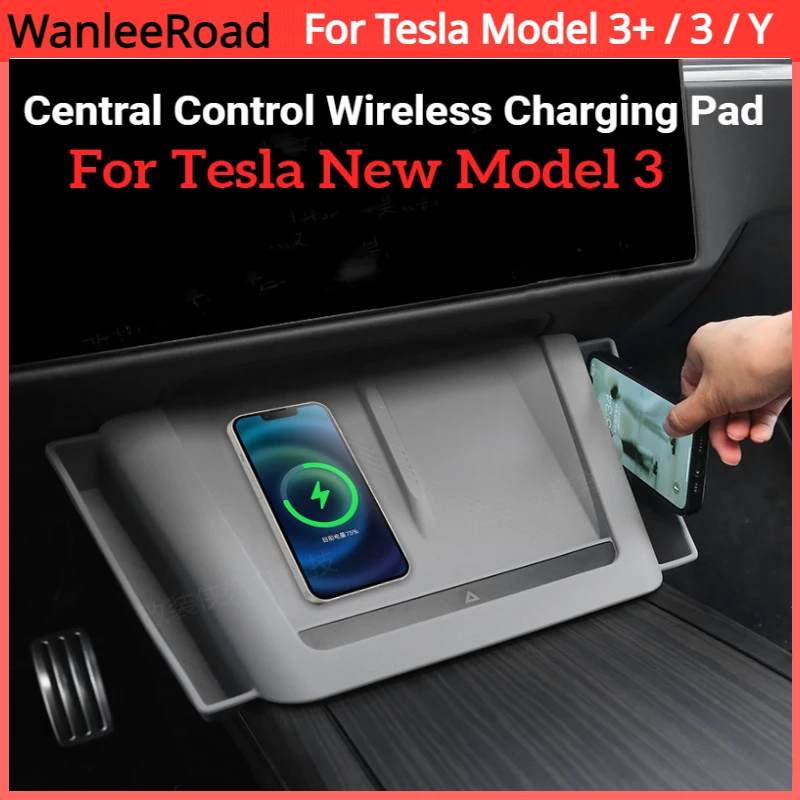 Central Control Wireless Charging Pad for Tesla Model 3+/3/Y with Side Pocket Silicone Side Storage Box New Model3 Accessories