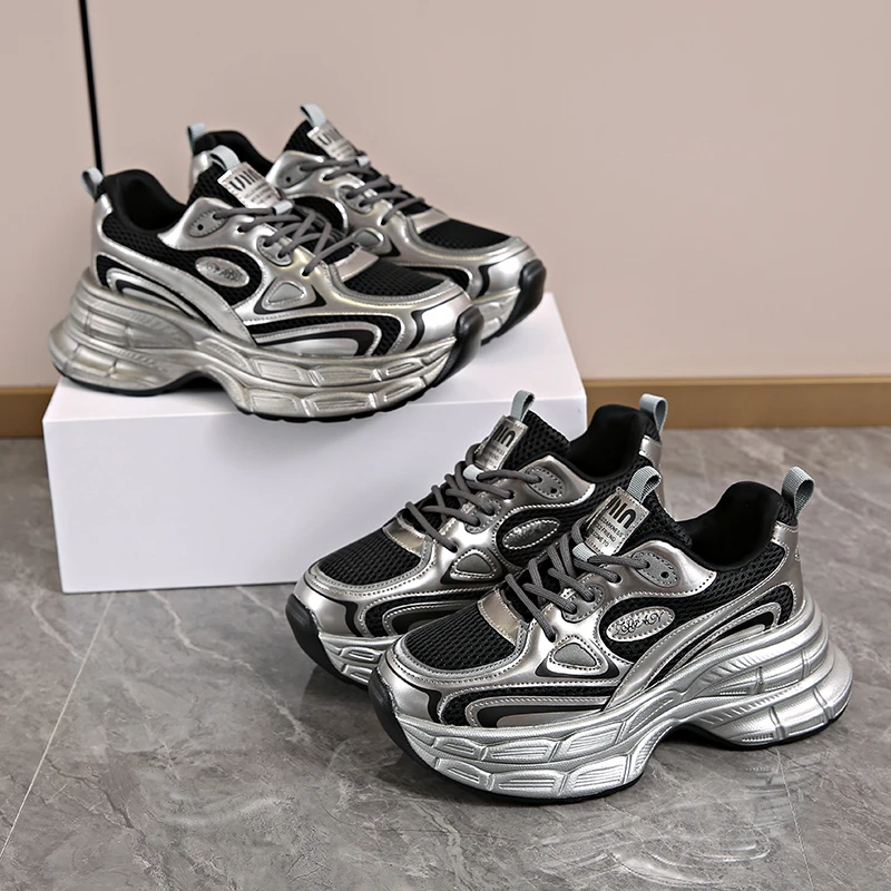 

Silver Grey Dad Shoes Women's 2025 New Spring Thick Bottom Heightening Foot Slimming Lightweight Versatile Casual Sports Shoes