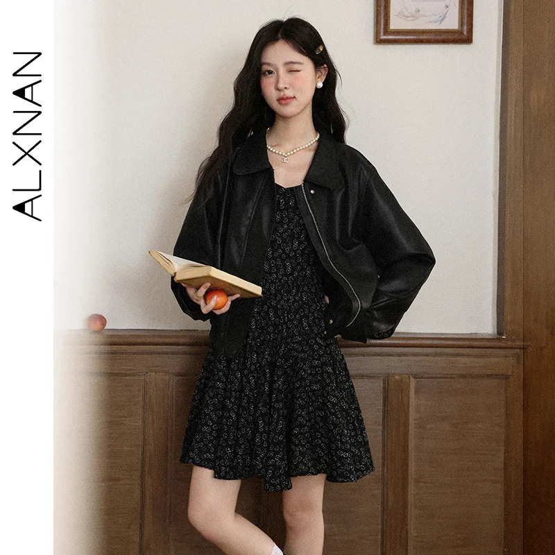 ALXNAN Black Floral Dress Women's Autumn Long Sleeve French Dress 2025 Autumn Holiday Beach Party Casual Female Clothing L57136