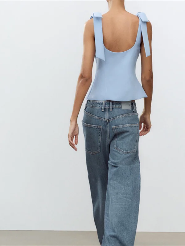 Sweet And Gentle Spring Series Knoop versierde top met vierkante kraag van Jiangsu Warehouse Light Spring Sle Dames F...