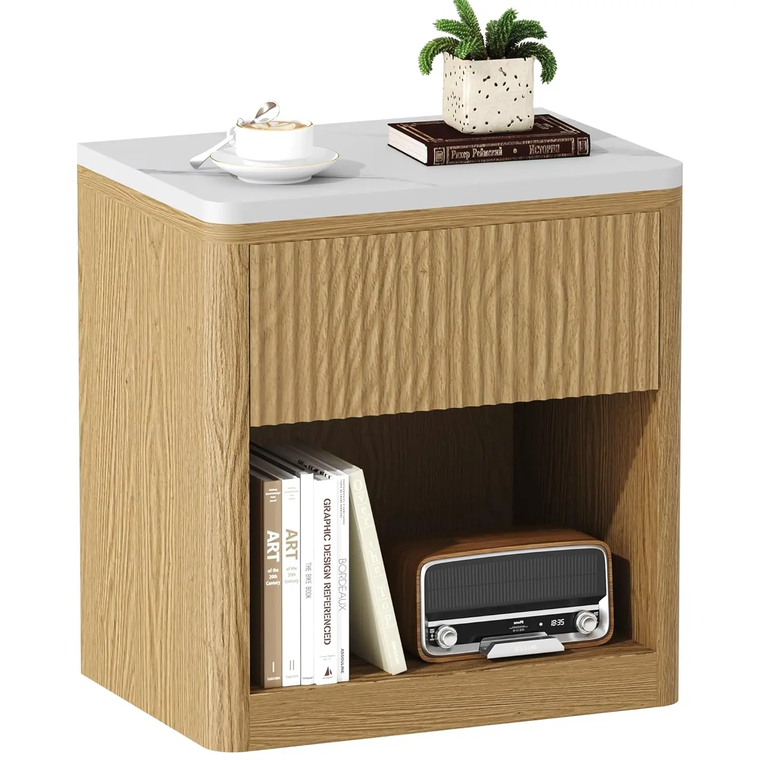 

22" Fluted Wood Nightstand with Faux Marble Top Drawer Storage Bedroom Living Room Natural Oak, Customized