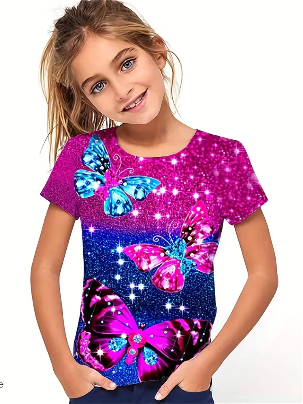 3D Printed Cartoon Girl Glitter Butterfly Effect  Full Prin Whale Print Kid's T shirt Casual Short Sleeve Top ，Short Sleeve Tees