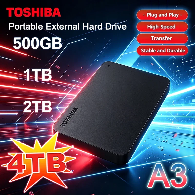 Toshiba A3 Canvio Basics 500GB 1TB 2TB 4TB SSD Black External Hard Drive USB 3.0 Portable for Gaming Console Office Gift 8K HD