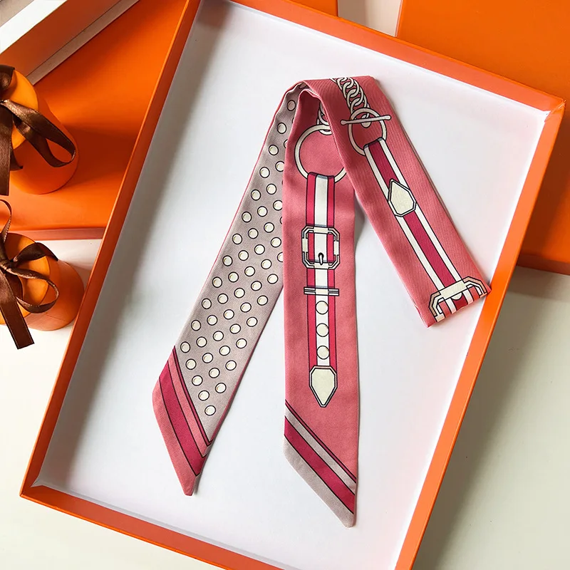 Bufanda de mujer, bufanda de seda delgada, diadema, cinturón, pañuelo con estampado de cadena, bolso con asa pequeña, cinta, pañuelo para la cabeza, bufandas y envolturas