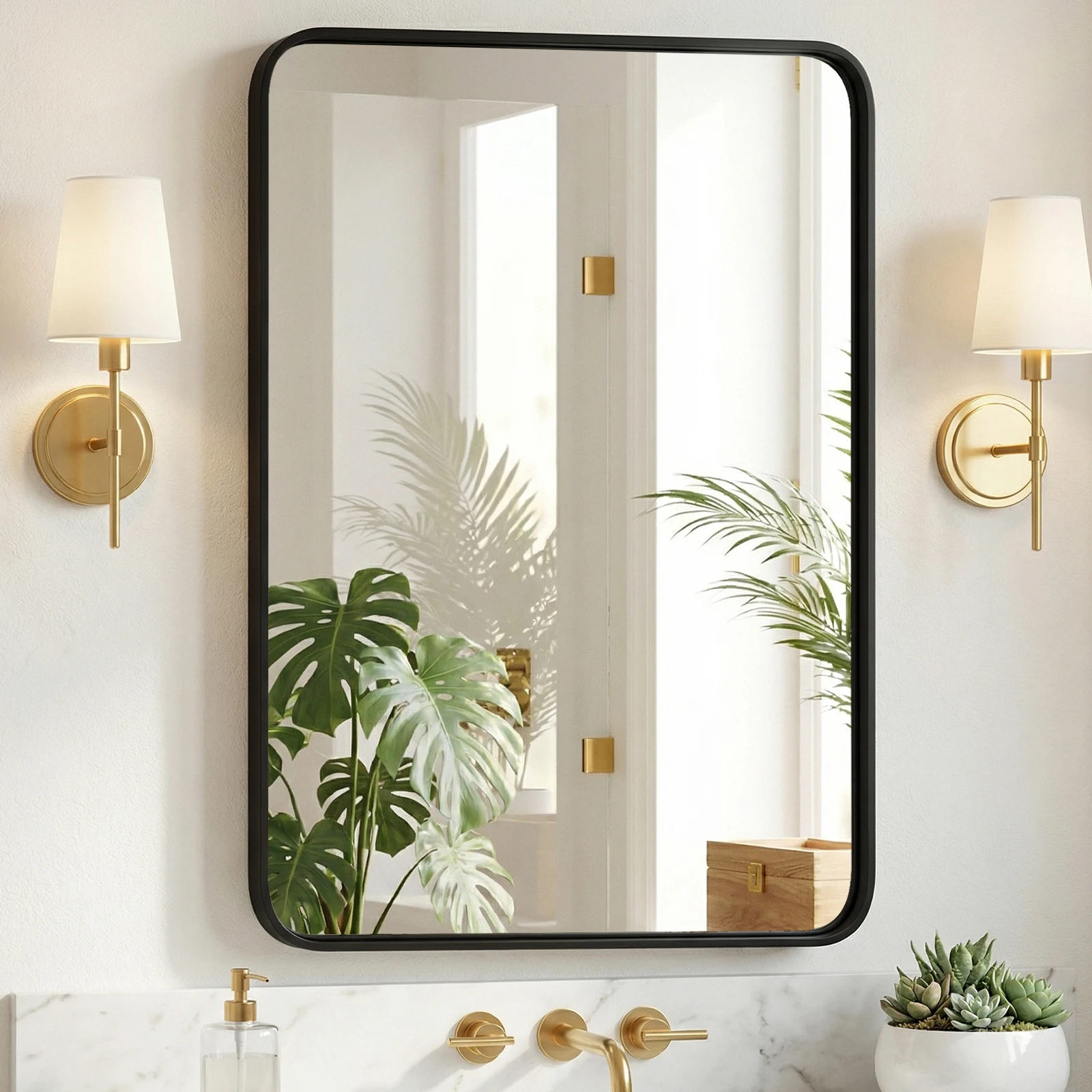 MCQ Rounded Rectangle Wall Mirror with Matte Brush Metal Framed Bathroom Wall Mirror for Over Sink Modern Wall Mount Vanity Mirror for Home