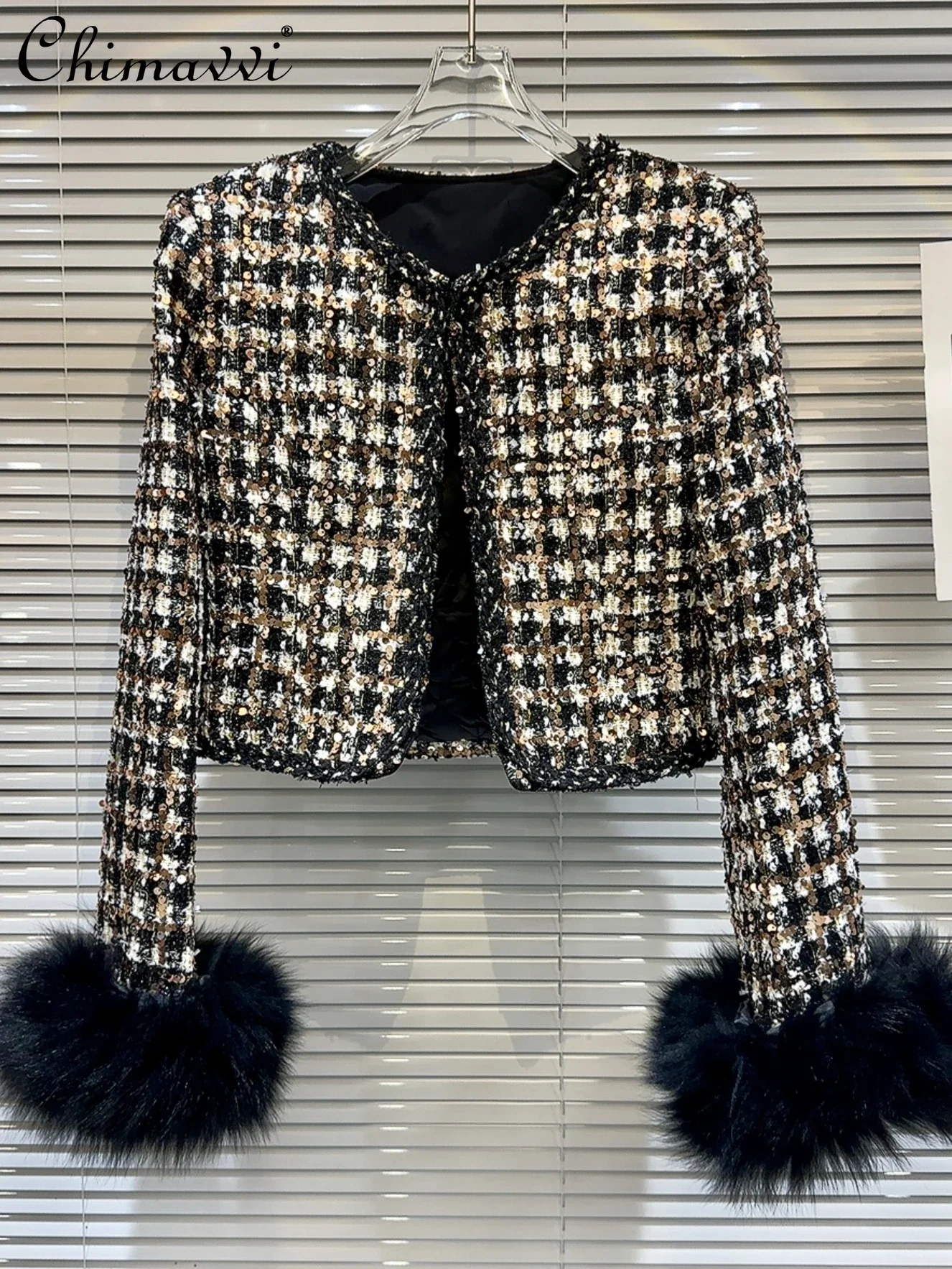 

Women's Coat 2023 Winter New Light Luxury Fox Fur Cuff Sequined Tweed Jacket Fashion Slim-fit Elegant Quilted Short Coats