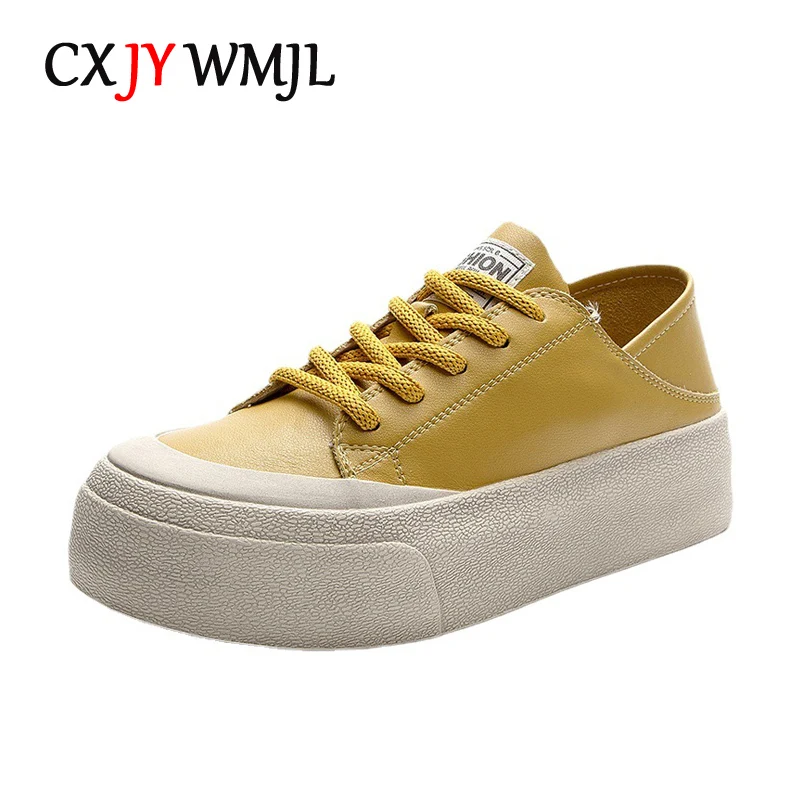 CXJYWMJL Genuine Leather Women Platform Sneakers Spring Summer Casual Sports Vulcanized Shoes Ladies Thick Bottom Skate Shoes