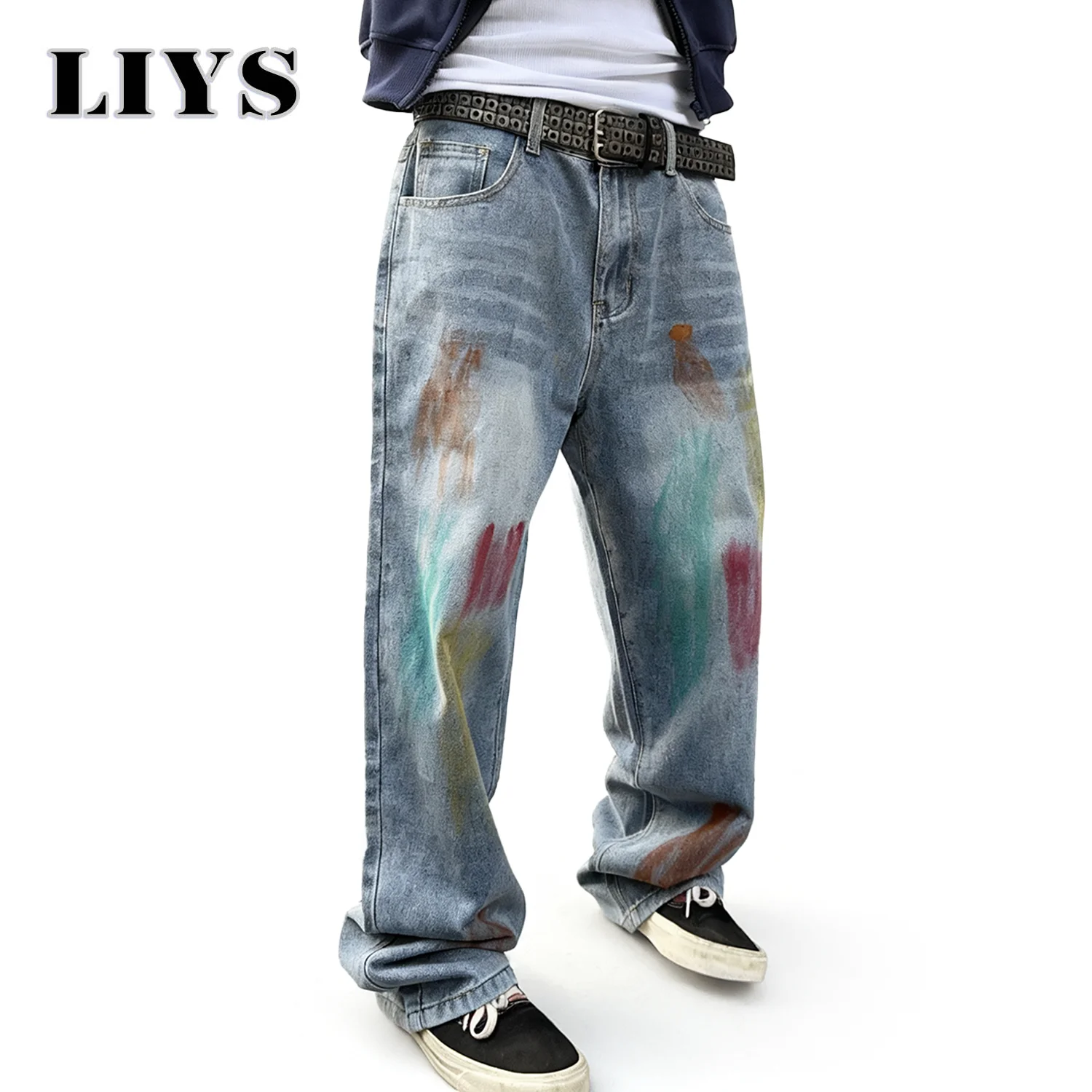 กางเกงยีนส์ทรงตรงหลวมสไตล์เรโทรลายกราฟฟิตี้สำหรับผู้ชาย ดีไซน์ลวดลายนามธรรม ใส่สบายๆ สำหรับฤดูใบไม้ร่วงและฤดูหนาว