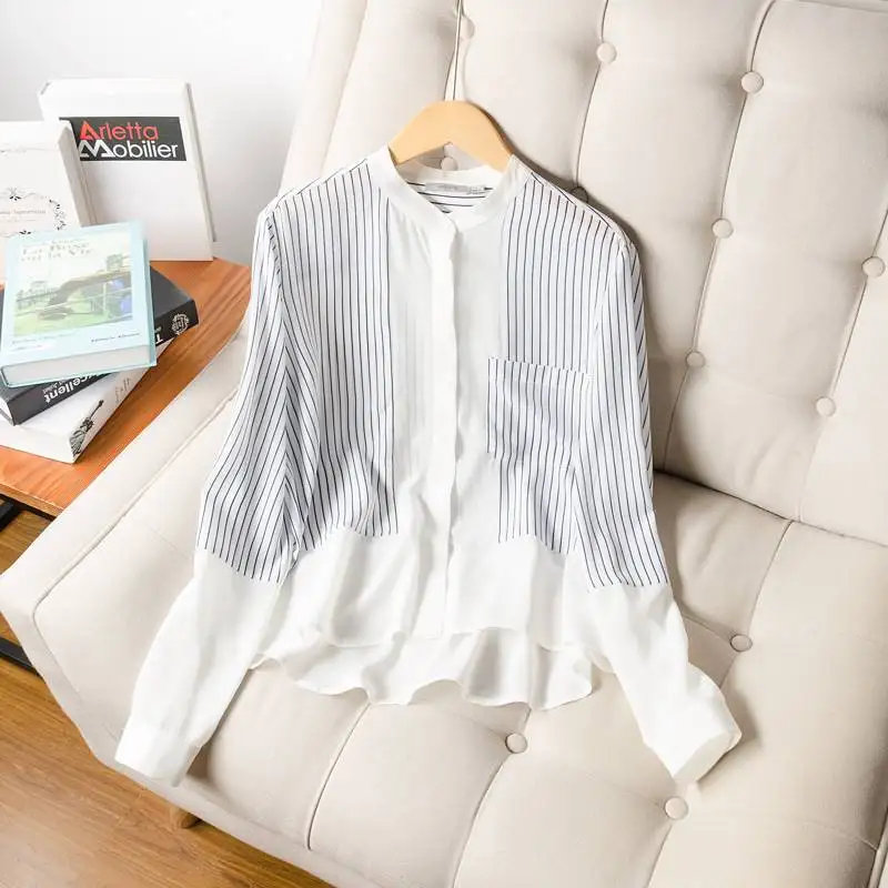

Women's Silk irts Long Sve Stand Collar Striped Pattern Spring Collection 00% Silk Casual Ladies' Blouse