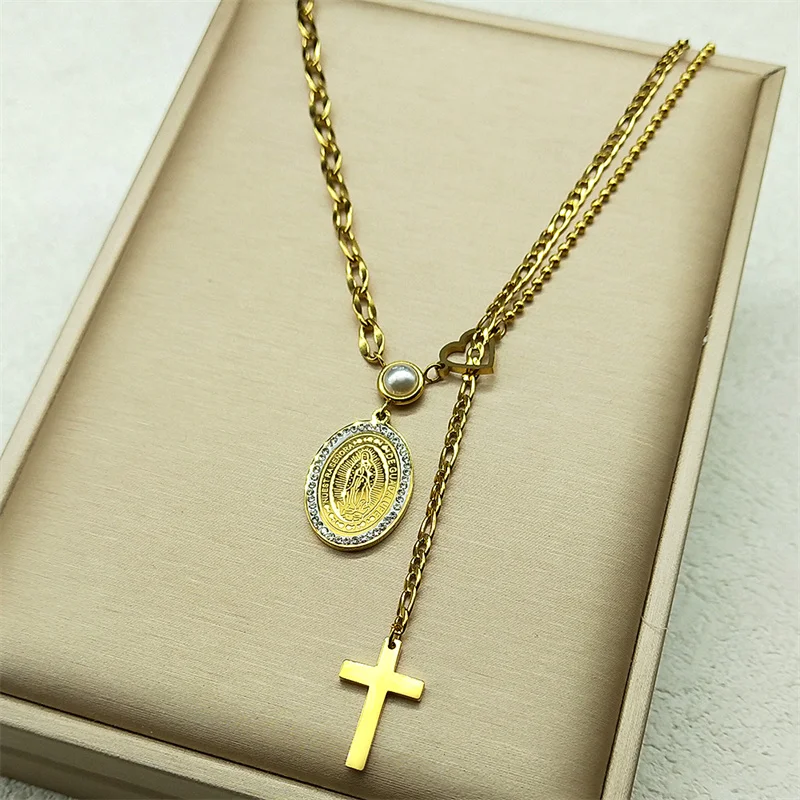 

Our Lady Virgin Mary Cross Pendant Necklace For Women Men Stainless Steel Gold Color Faith Catholic Amulet Chain Jewelry