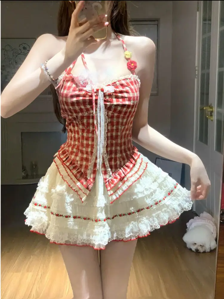 

Women's Japanese Sweet 2 Piece Set Elegant Plaid Halter Y2k Tops + Design Lace Skirts Harajuku Holiday Outfits Summer