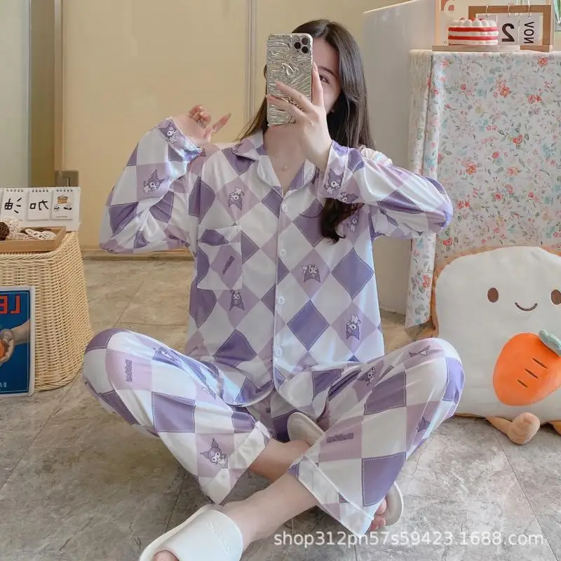 

Комплект Sanrio для девочек, пижамный костюм с лацканами для отдыха, каваи, Cinnamoroll, аниме, модные сексуальные весенние длинные брюки, одежда для отдыха на улице
