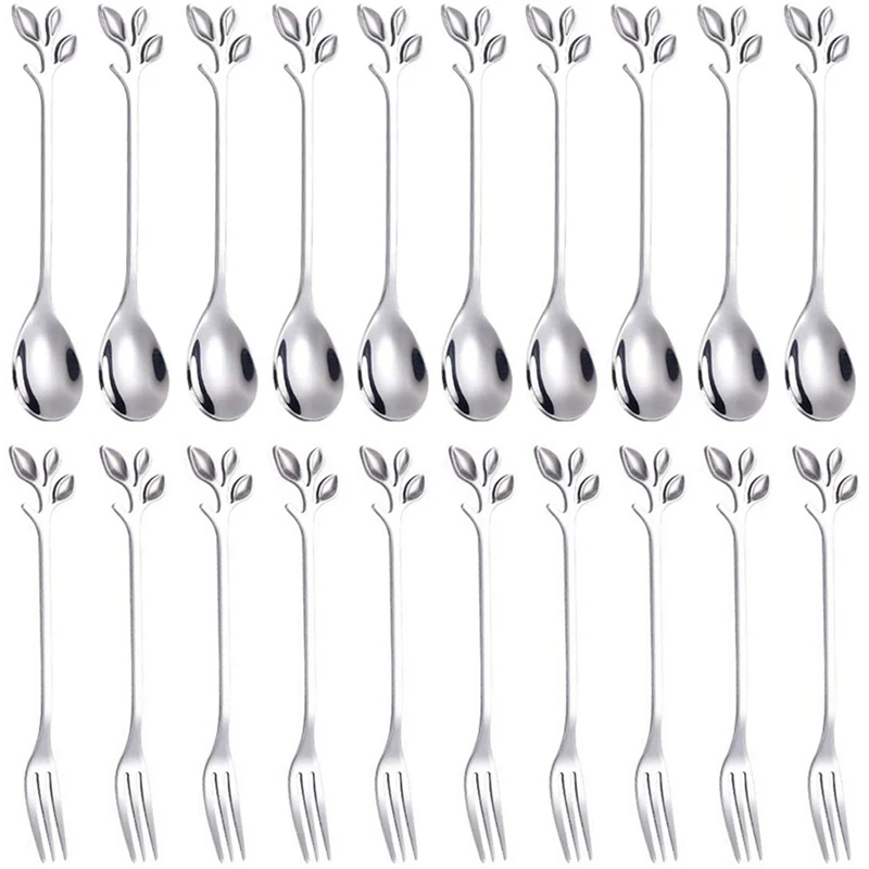 Dessert Spoon Fork Set,20 Pcs 4.7 Inch Cake Fork,Coffee Spoon,Creative Silver Leaf Fruit Fork,(20 Spoon + 20 Fork)