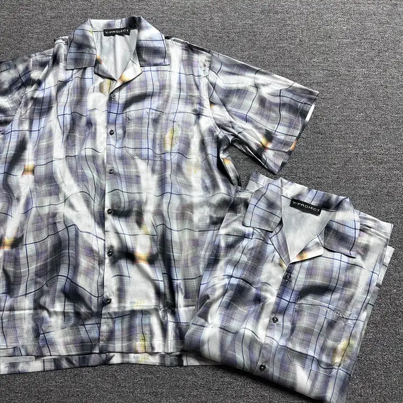 

Y/project pleated misplaced plaid digitally printed cuban collar shirt