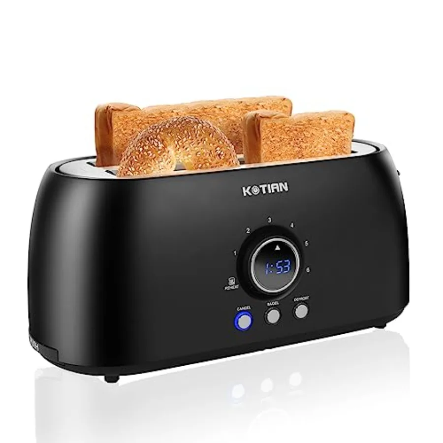 

4-Slice Retro Long Slot Toaster with Countdown Timer Stainless Steel Matte Black Bagel Defrost Reheat Cancel Functions Extra Wi