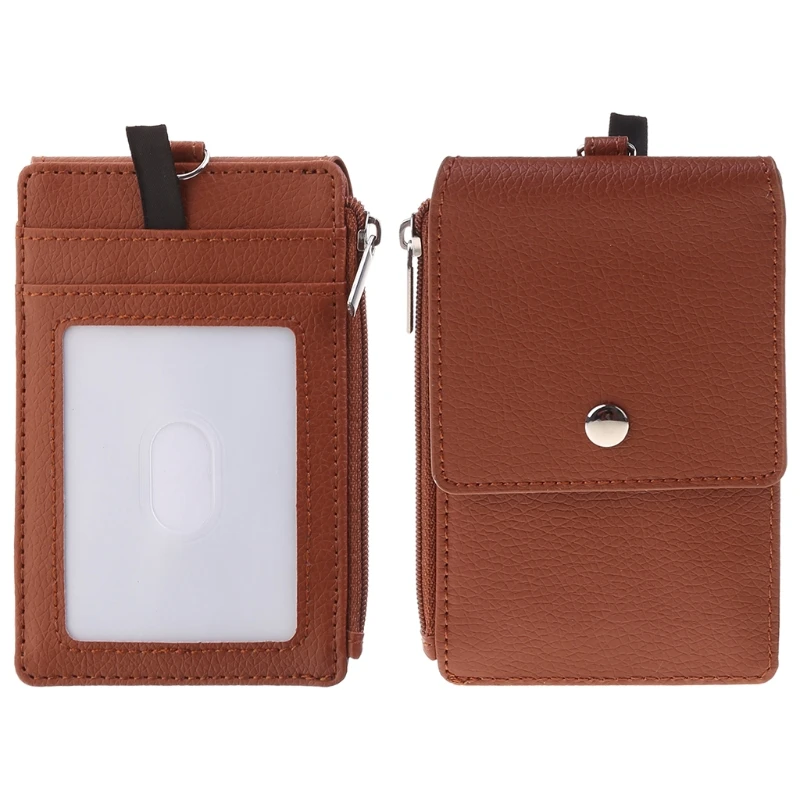 

E74B Badge Holder with PU Leather Badge Card Holder Wallet with 5 Card Slots,1 Side RFID Blocking Pocket Neck Strap