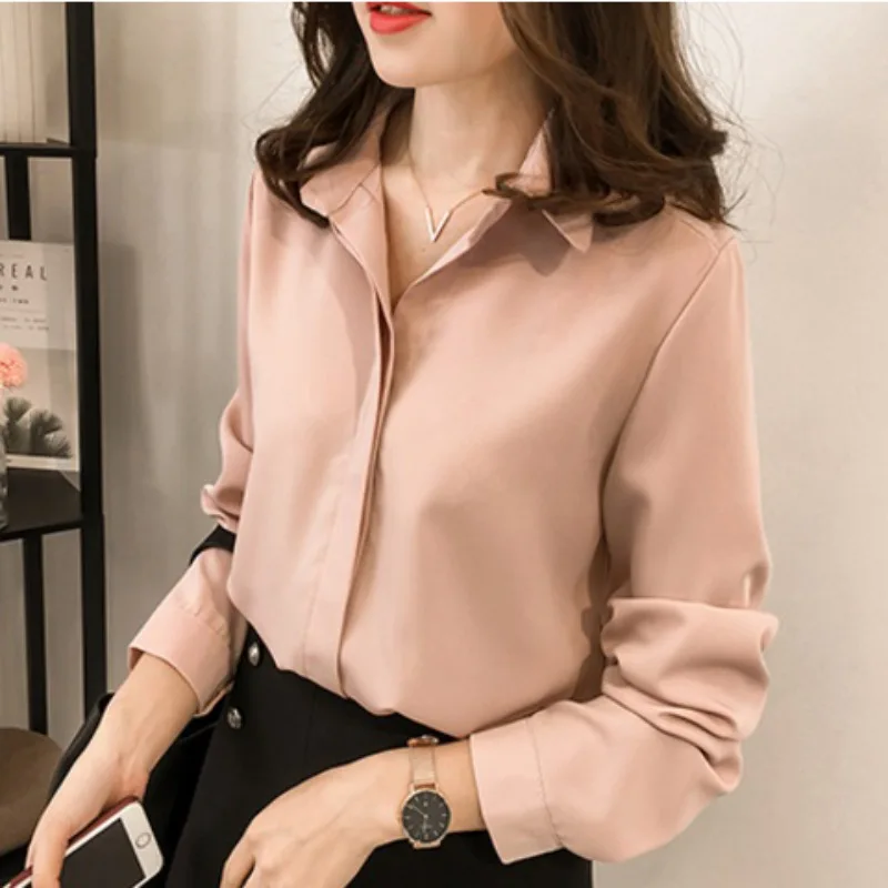 Women Shirts Blouses Long Sleeve V Neck Chiffon Blouse OL Office Tops Ladies Loose Long Shirts