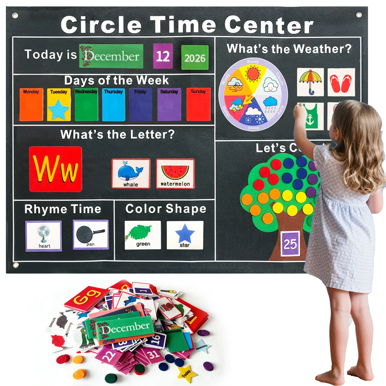 Children's Learning Calendar Set Educational Chart Learning Shapes Felt Board Colorful Classroom Children's Hanging Calendar