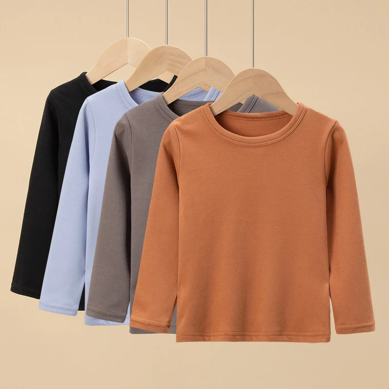 4-piece Children's Autumn And Winter Solid Color Fashionable Versatile Round Neck Warm Top Boys And Girls Long Sleeved T-shirt