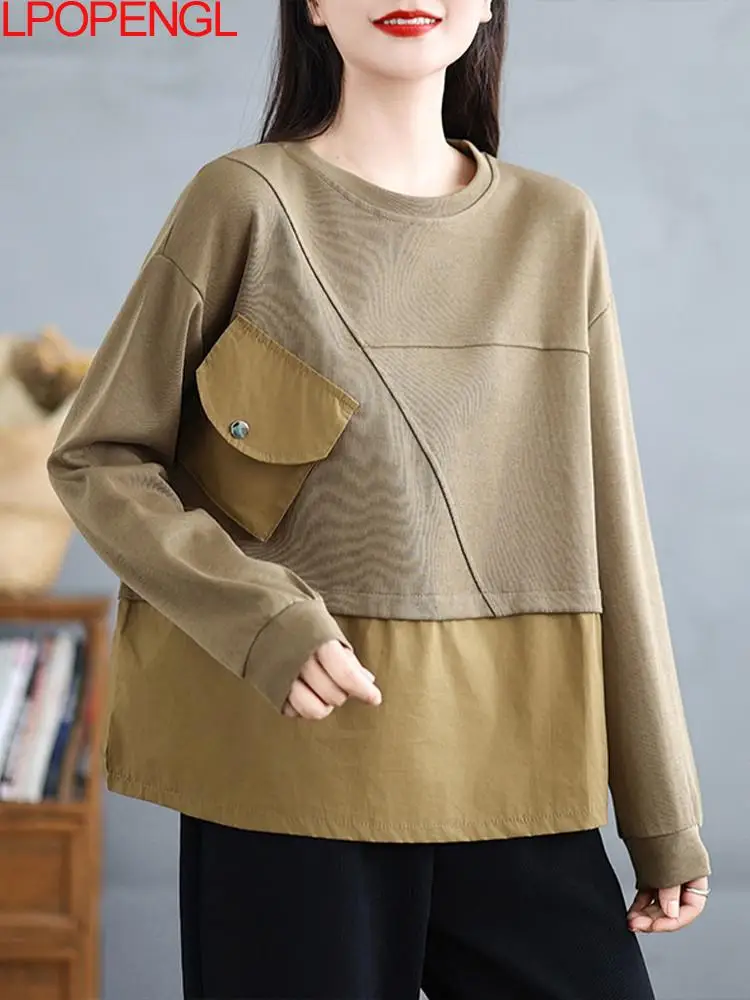 

Fashionable Loose Casual Tops For Women Autumn 2024 New Fake Two-piece Stitching Color Matching Big Pocket Sweatshirt For Women