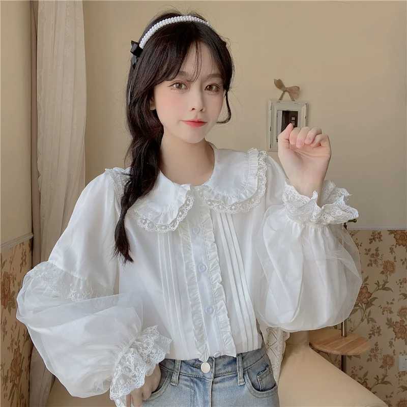 Japanese Style Soft Girl Sweet Cute Lolita Inside Shirt Women's Spring and Autumn New Bow Lace Loose Long-sleeved Tops Mujer