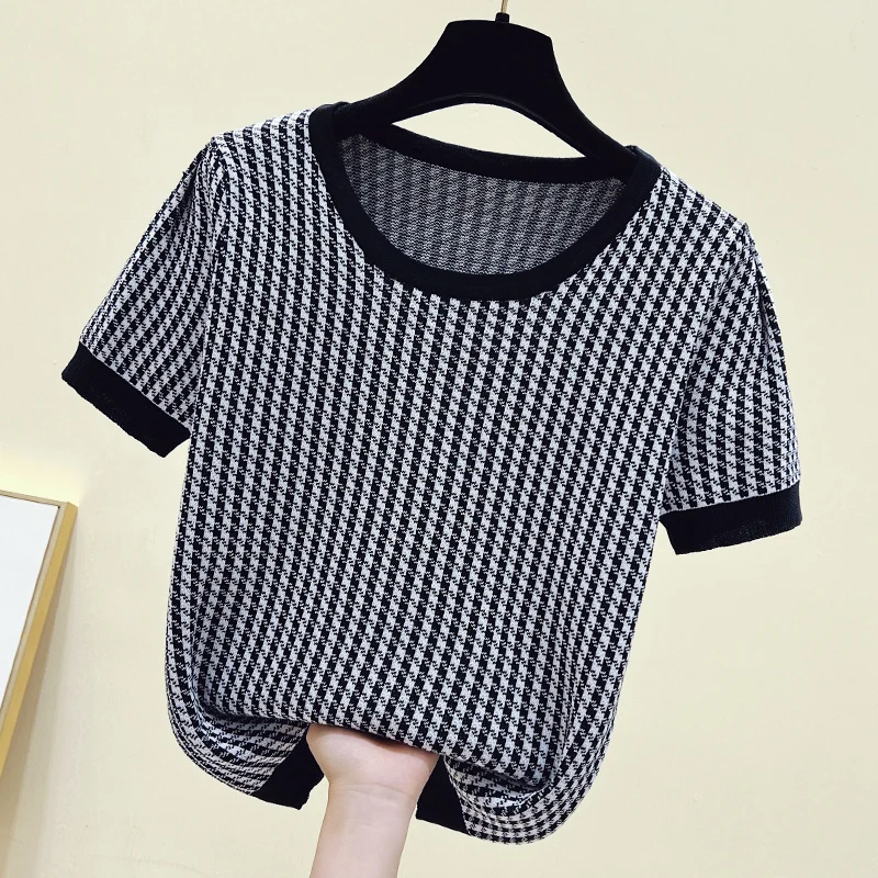 Rainbow Plaid Stylish Fashion Sweater Pullover Women Knitted Tshirt Tees 2023 Summer Embroidered Short Sleeve O-neck Loose Tops