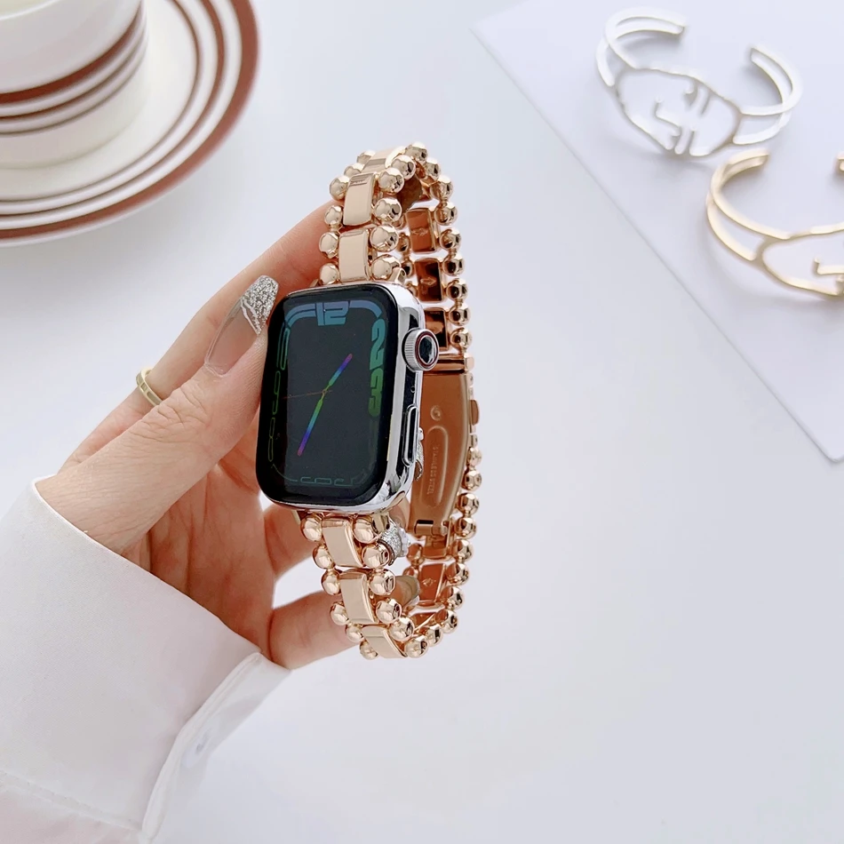 Armband für Apple Watch Band S11/10/9/8/7/SE/6/5/4/Ultra IWatch 3 2 49/46/45/44/42/41/40/38 mm, modisches Metallperlen-Kettenarmband – Detail 9