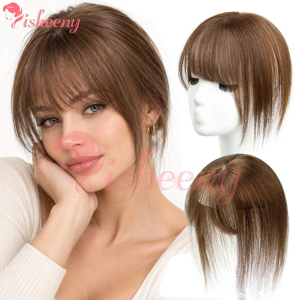 Isheeny 10Inch Human Hair Topper With Bangs 5x9cm Breathable Base Clip In Hairpiece For Women Thin Hair Slight Hair Loss Straight Real Human Hair Top Hair Cover