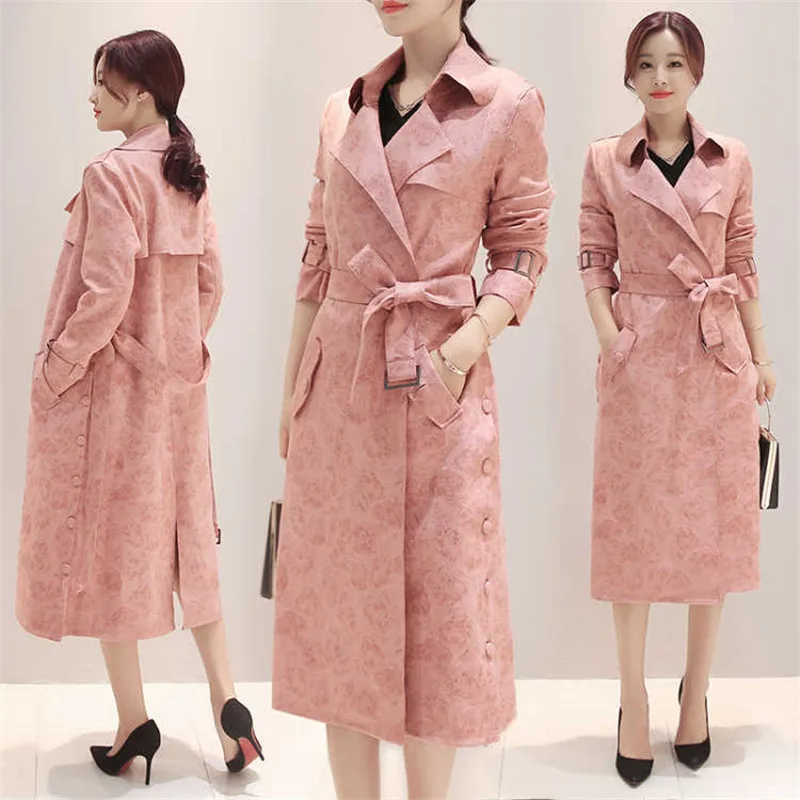 Nice primavera outono camurça trench coat feminino casual com faixas oversize blusão feminino rosa outerwear moda casaco longo p551