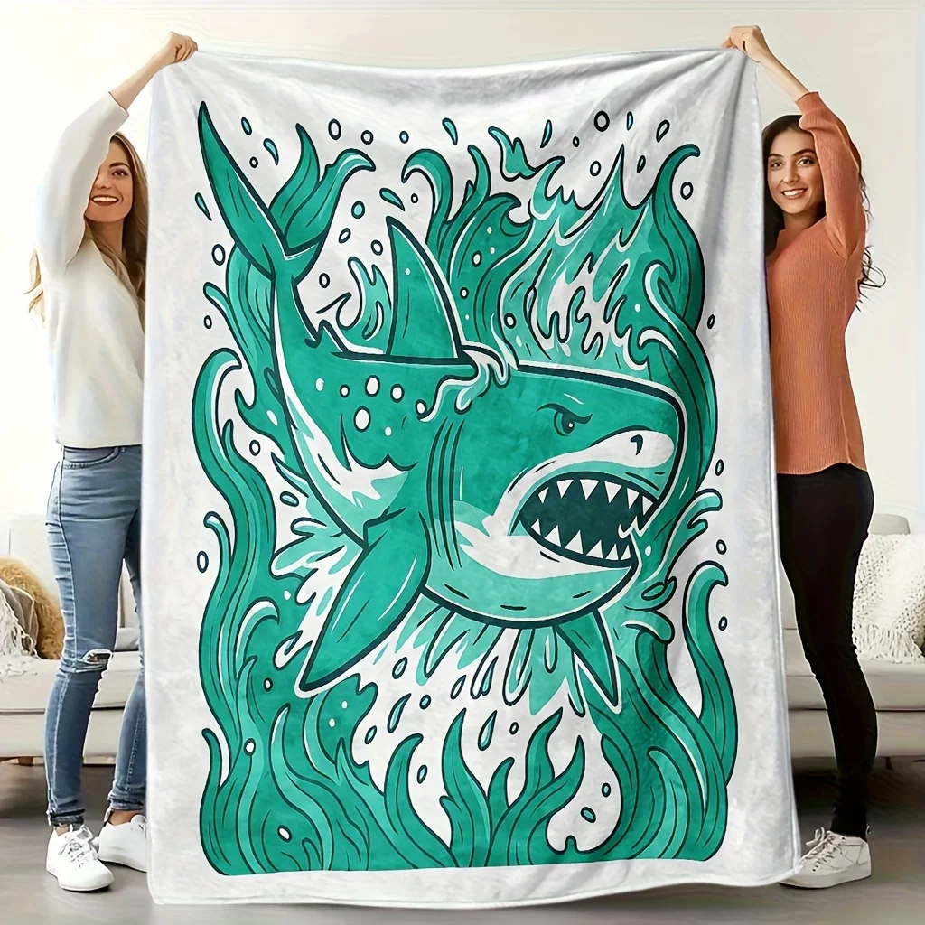 Shark-Themed Blanket - Quilted Bedspread with Shark Pattern, Green Ocean Style Cooling Bed Cover, Soft Breathable  Polyester