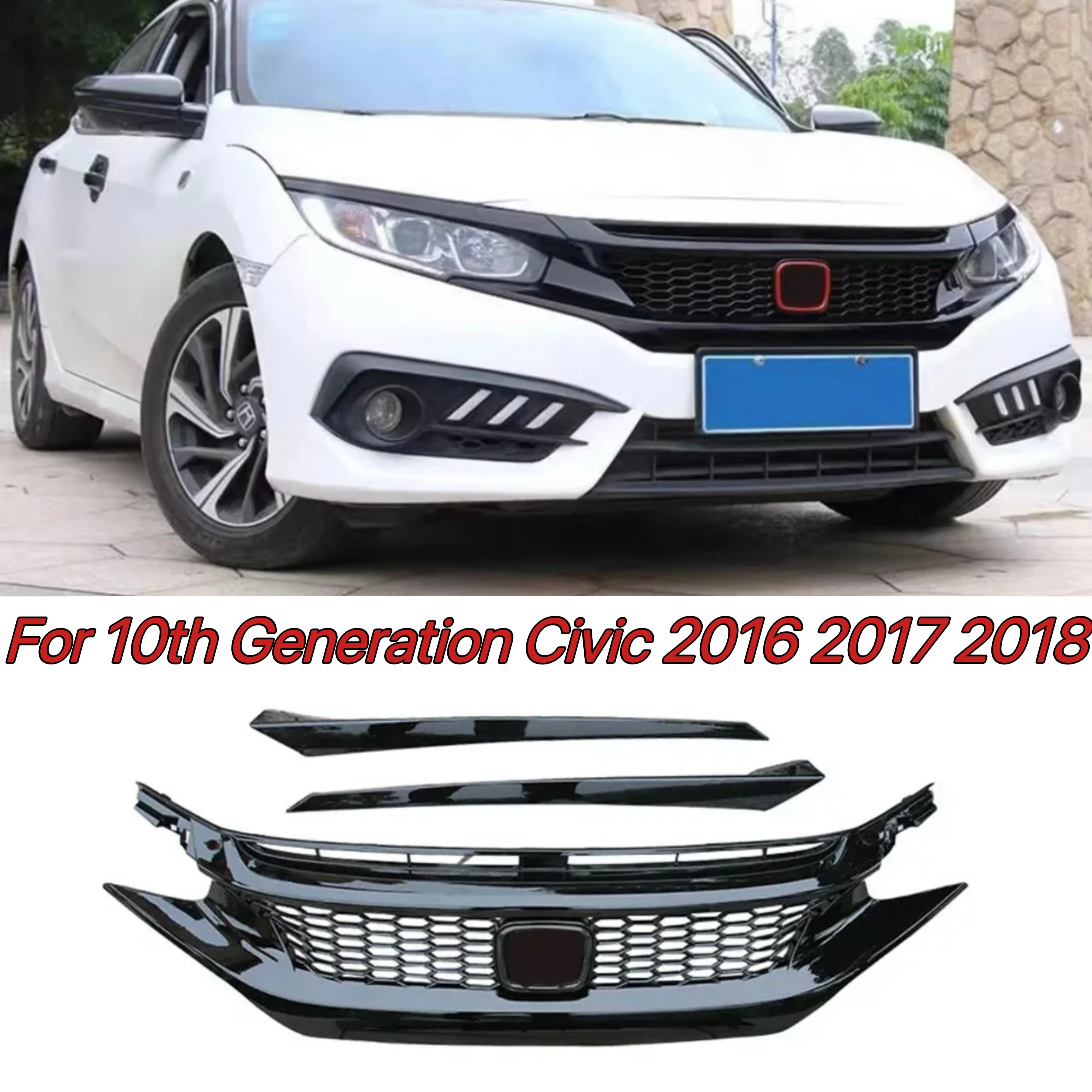 Front Bumper Grill For Honda Civic Splitter Honeycomb Decorative Cover Black Accessories Body Kit ABS 2016 2017  2018 Year