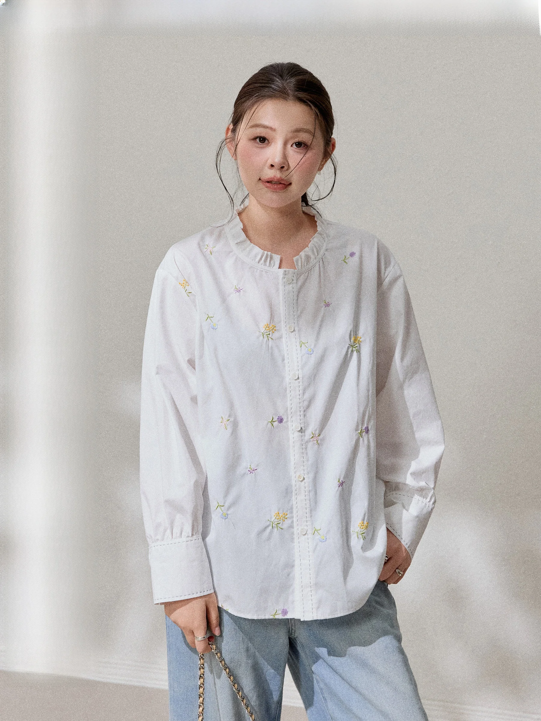 

Artistic Embroidered Ruffle irt plus Size Women's Casual Cotton Long Sve round Ne Top by Jululook Spring Summer 2024