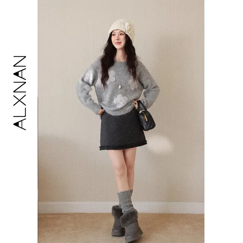 ALXNAN Women's Gray Sweater Sweet Floral Round Neck Casual Loose-fit Sweaters 2026 Fashion Long Sleeve Knit Tops Female L60116