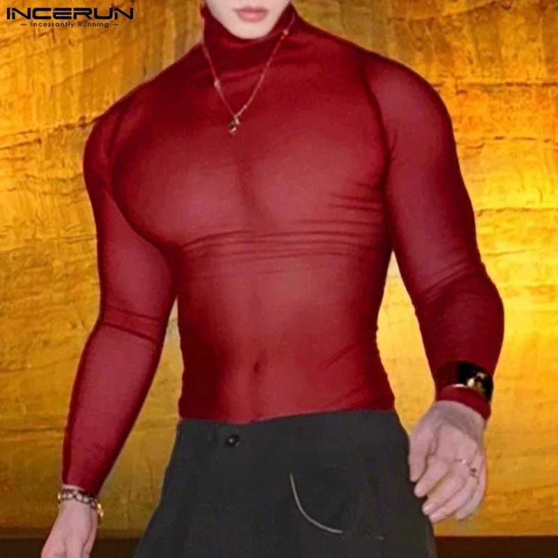 INCERUN Männer T Shirt Mesh Langarm Durchsichtig Rollkragen Männlich T Tops Sexy Streetwear Fashion Casual Männer Kleidung Solide