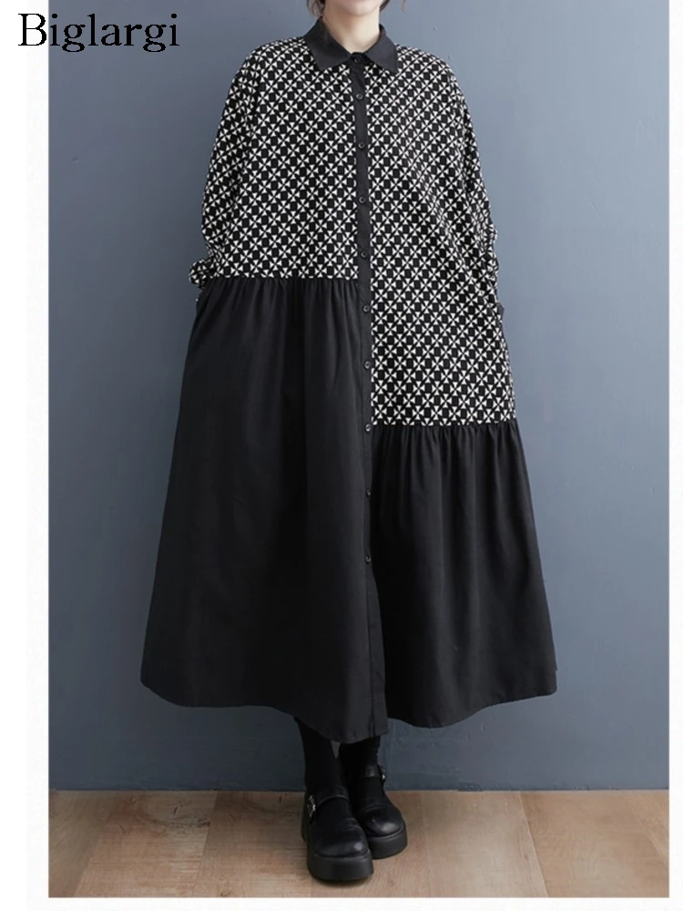 Robe chemise longue à carreaux pour femmes, surdimensionnée, Patchwork, mode dames, ample, manches longues, automne