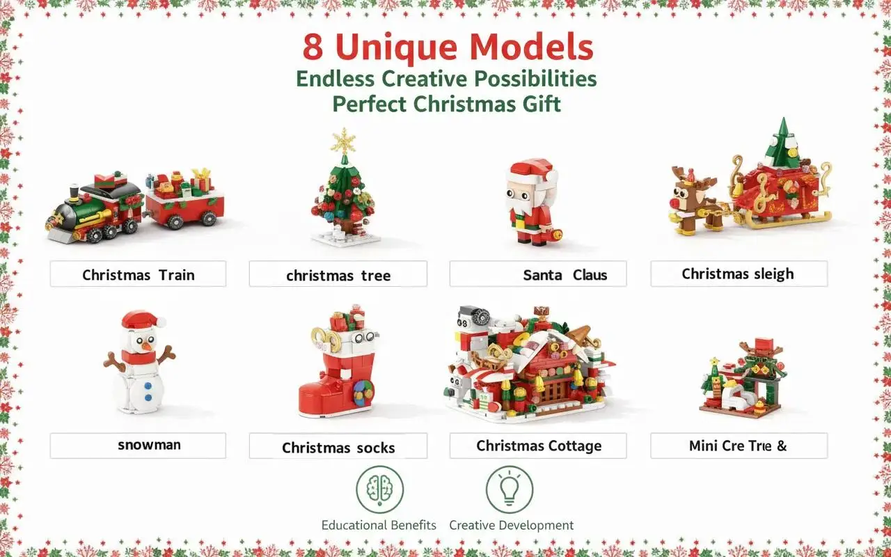 مجموعة بناء عيد الميلاد 8 في 1 - نموذج قطار سانتا والغزلان، مجموعة مكعبات بيت الثلج لقرية العطلات للأطفال بعمر 6 سنوات فما فوق #3
