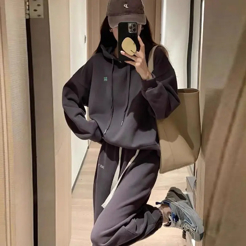 

Korean Style Women's Fashion Hoodie Letter Embroidery Casual Pants Sports Two-Piece Set Spring Autumn New Arrival
