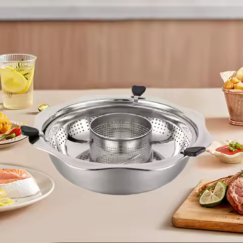 Two-flavor Rotary Hot Pot Soup Pot Grid Filtering Lifting Chafingdish with Divider for Festivals Restaurant Induction Cooker