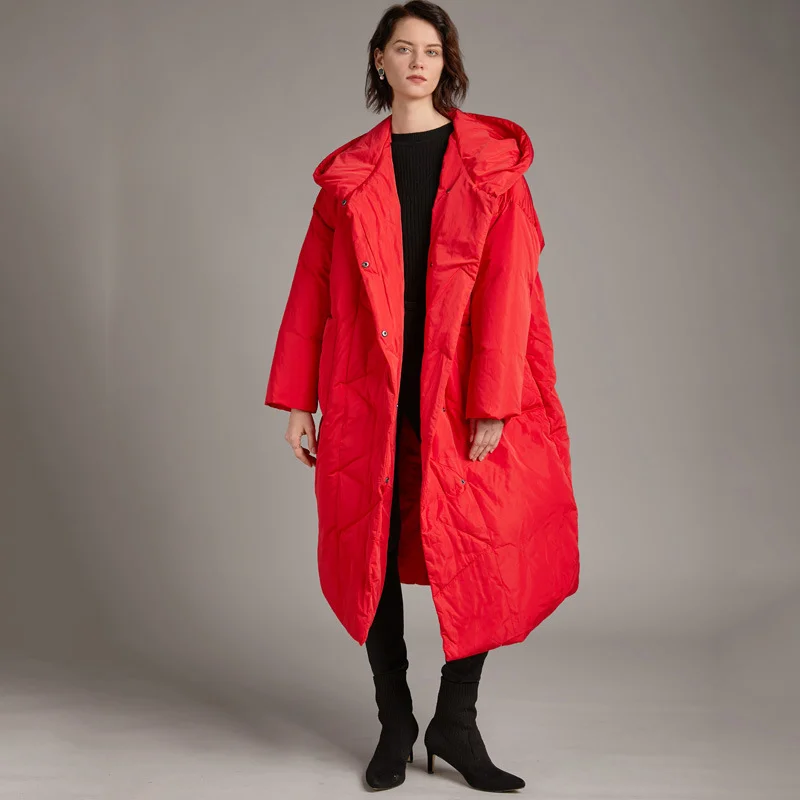 Women Waterproof Down Jackets Hooded Windproof Thick Coats Large Size White Duck Trend Over The Knee Keep Warm Slit Loose Solid