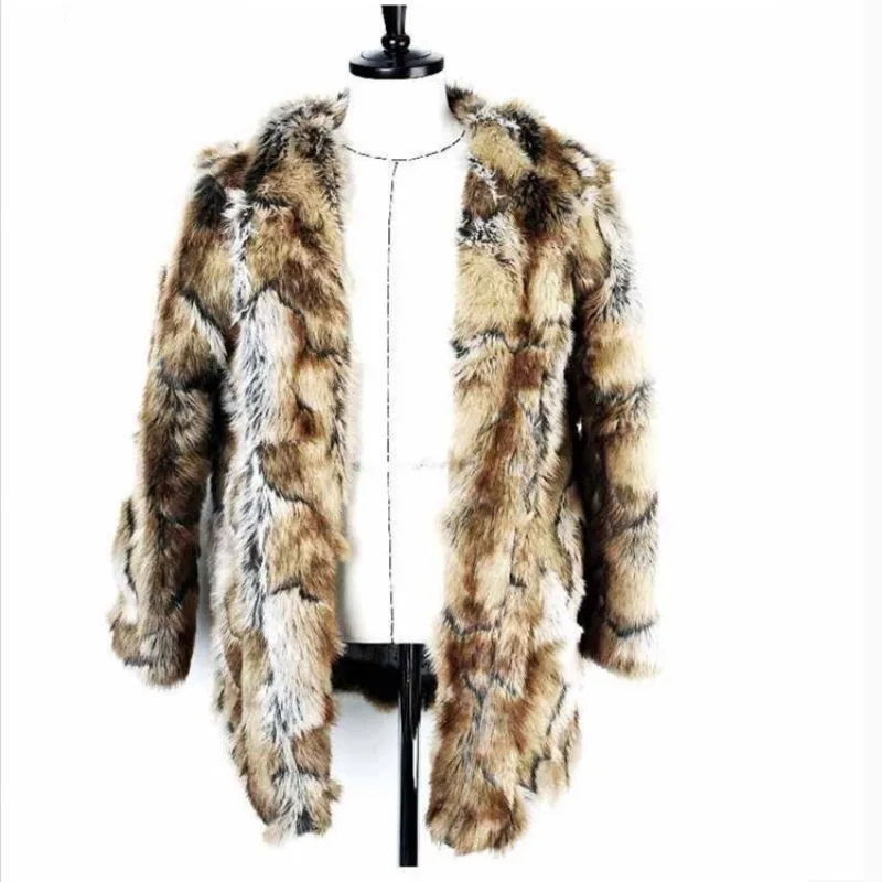 Vintage Fashion Brand Faux Fur Coat Men Winter Thick Warm Long Sleeve Leopard Print Coat Faux Mink Fur Jacket