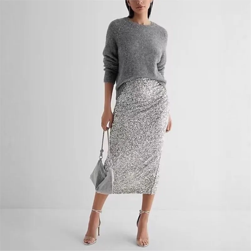

Fashion Street Sequin Midi Skirt Women 2026 Spring Autumn High Waist Straight Wrapped Hip Slit Dress Streetwear Shiny Skirt Y2k