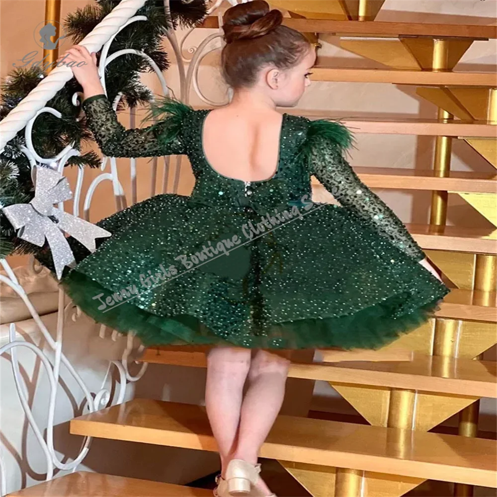 Sequined Feather Long-sleeved Performance Girl Princess Dress First Communion Christmas Banquet Green Knee-length Dress
