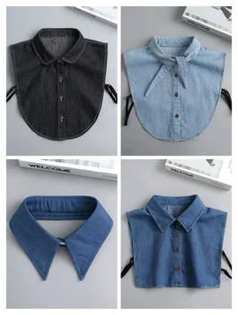 Faux col de chemise en denim vintage pour femmes, manches solides, col de chemise amovible, haut de chemisier à revers, accessoires vestisenspour filles, mode