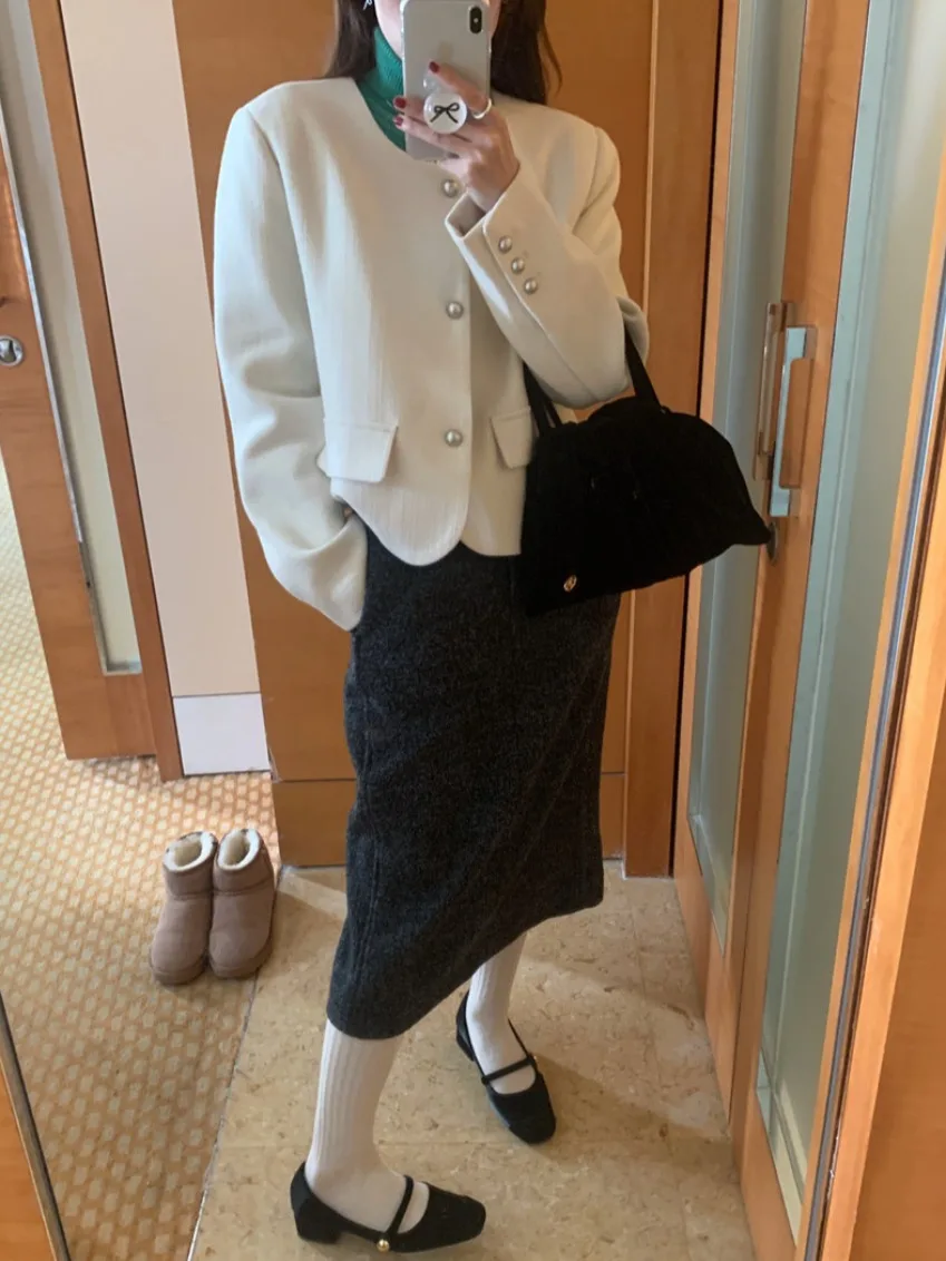 

Chic Metal Single-Button Long Sve ort Jaet Women's Casual Sle Autumn New Arrival Faion Outerwear