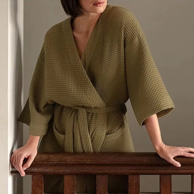 Cotton Waffle Night Robe Women Solid Knitted Elegant V Neck Pajamas with Belt Harajuku Bathrobe Night Wears for Women
